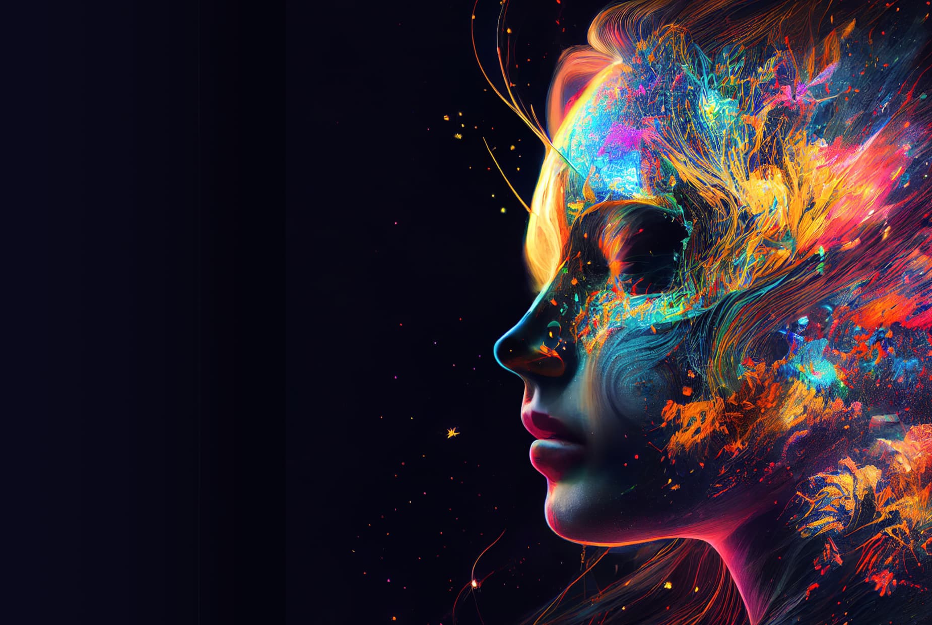 Hình ảnh đầu một người phụ nữ do AI tạo ra có tính nghệ thuật trừu tượng đầy màu sắc.